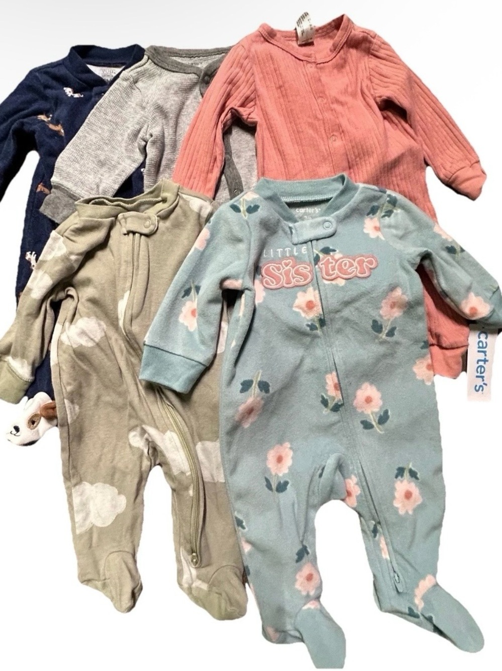 Baby Girl Footie Pajamas Little Sister Clouds Dogs Size 0-3 Months